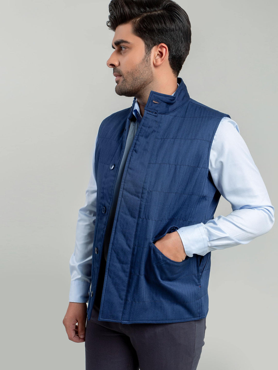 Blue Sleeveless Herringbone Jacket Brumano Pakistan