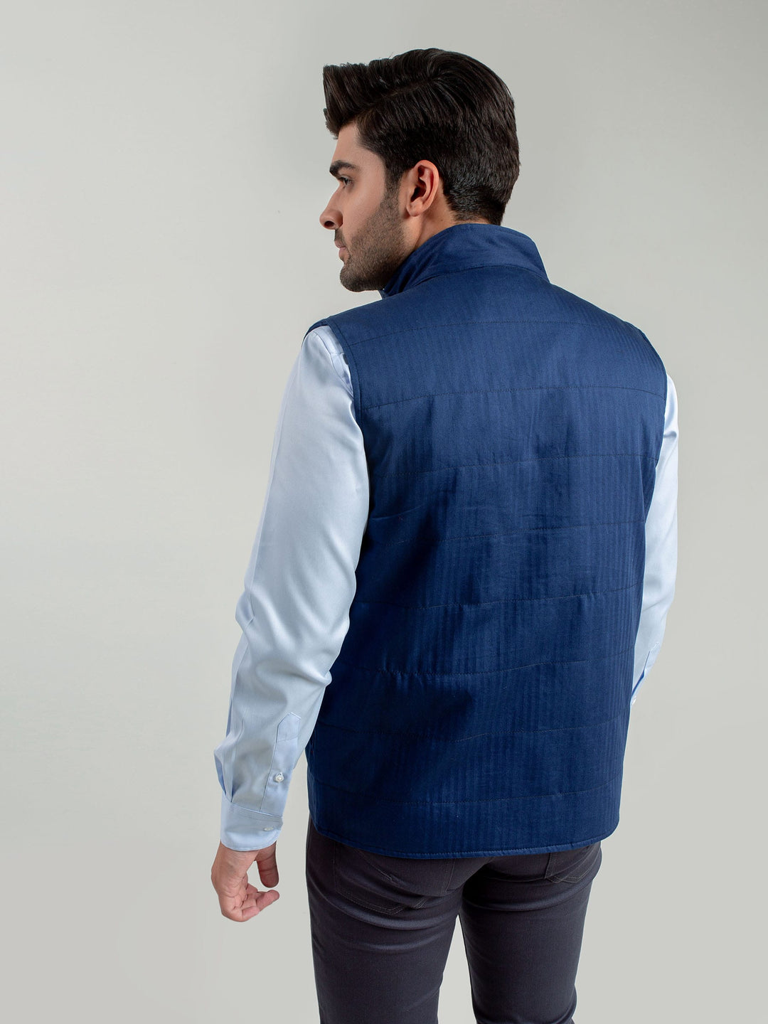 Blue Sleeveless Herringbone Jacket Brumano Pakistan