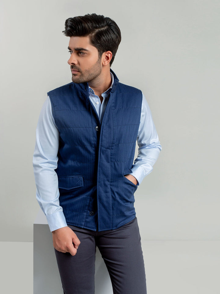 Blue Sleeveless Herringbone Jacket Brumano Pakistan