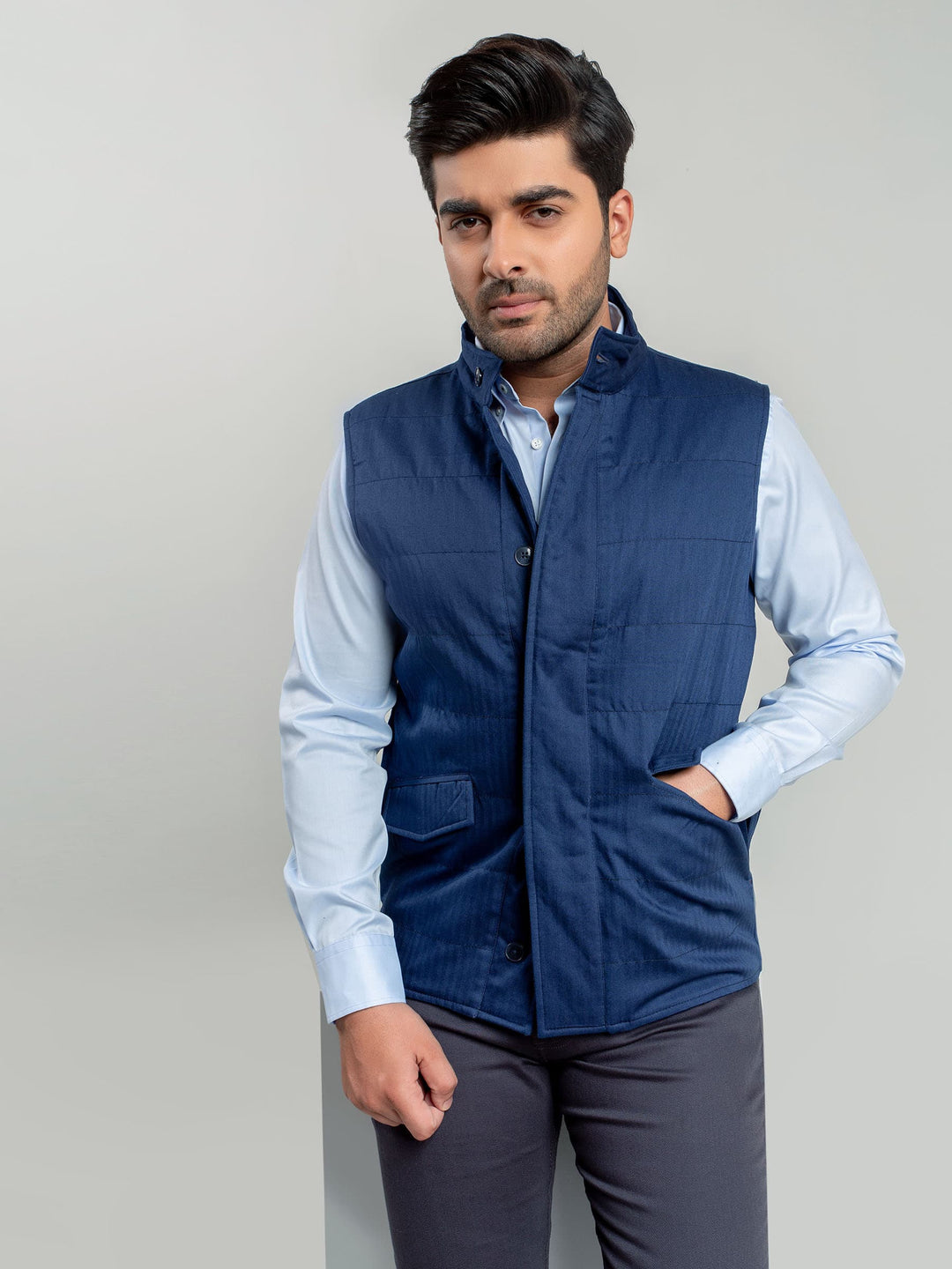 Blue Sleeveless Herringbone Jacket Brumano Pakistan