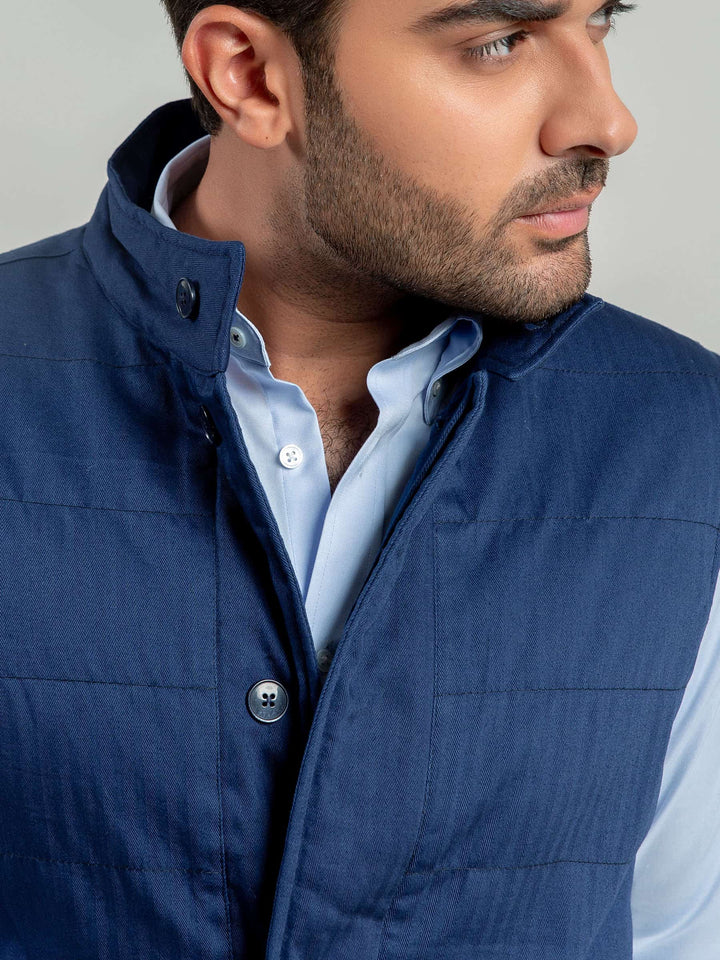 Blue Sleeveless Herringbone Jacket Brumano Pakistan