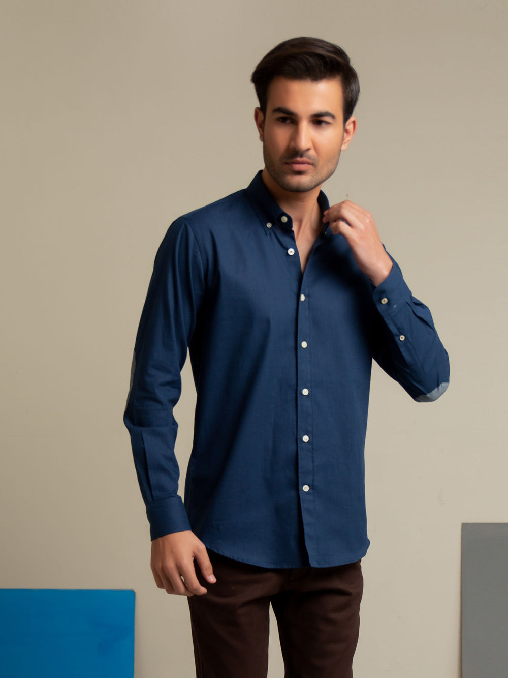Blue Slub Shirt With Elbow Patch