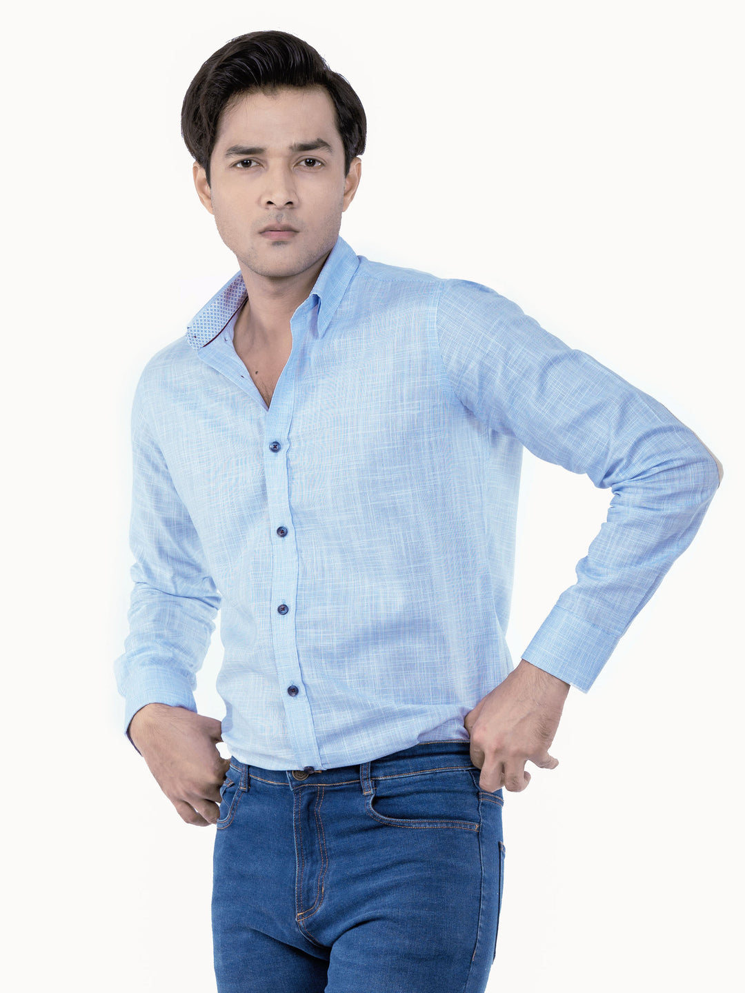 Blue Slub Structured Shirt With Beige Elbow Patch Brumano Pakistan