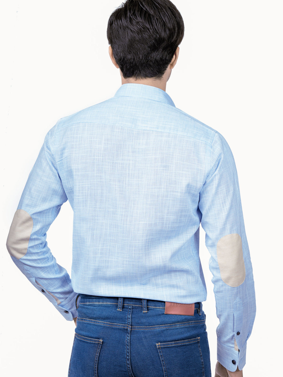 Blue Slub Structured Shirt With Beige Elbow Patch Brumano Pakistan