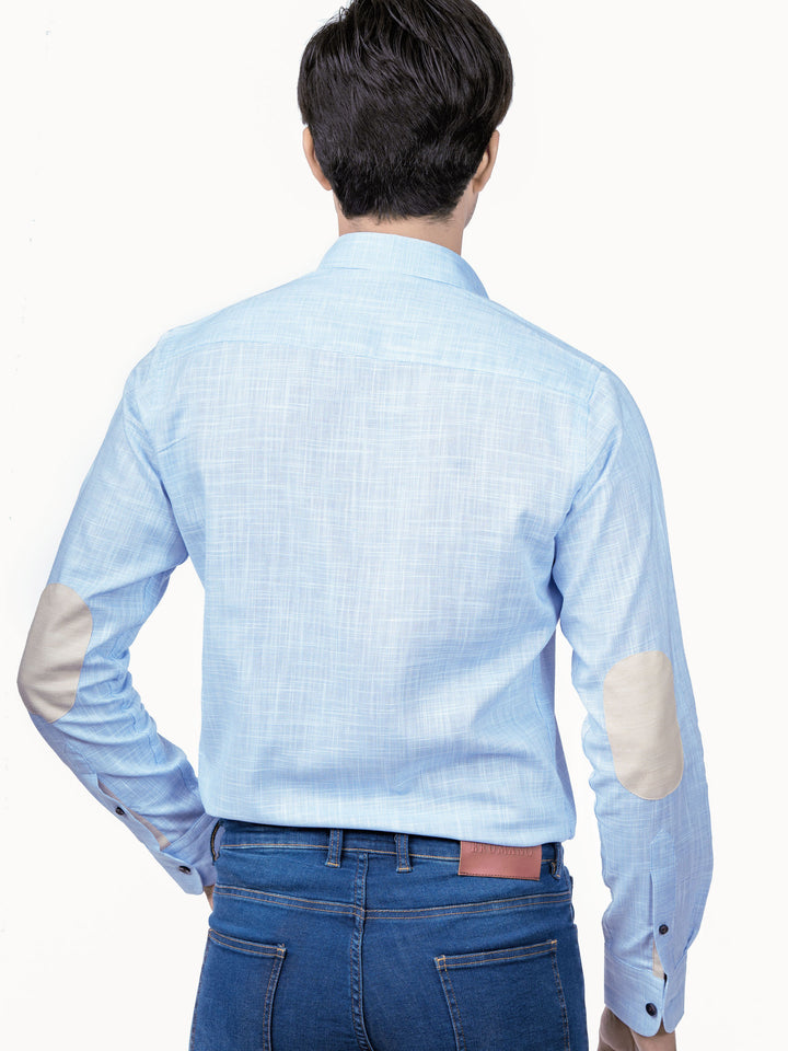 Blue Slub Structured Shirt With Beige Elbow Patch Brumano Pakistan