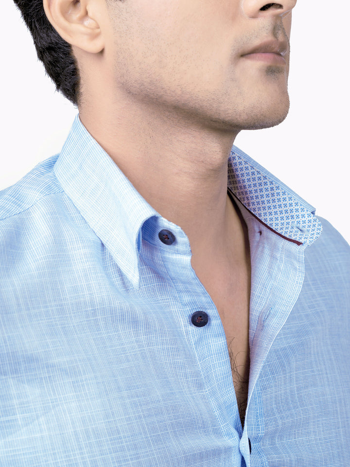 Blue Slub Structured Shirt With Beige Elbow Patch Brumano Pakistan