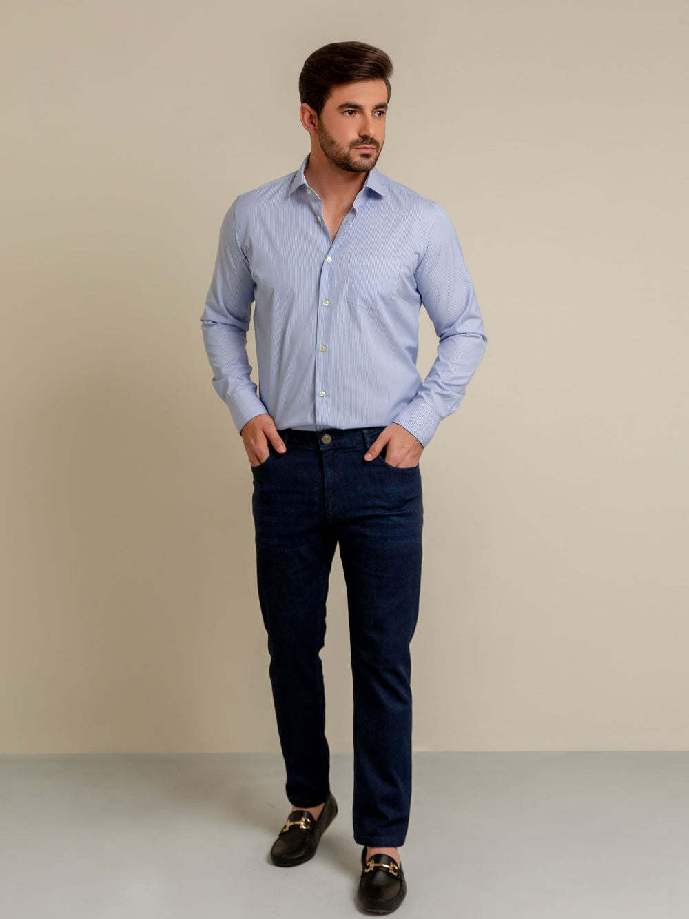 Blue Striped Formal Shirt With Classic Collar