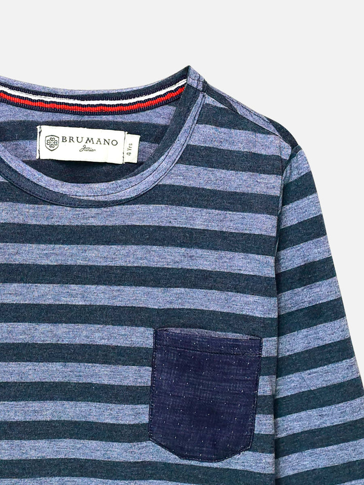 Blue Striped Full Sleeve T-Shirt With Contrasting Pocket Brumano Pakistan