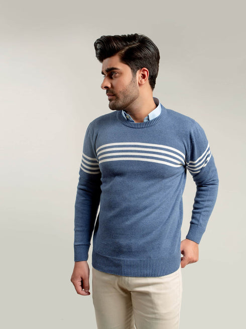 Blue & White Striped Crew Neck Jumper Brumano Pakistan