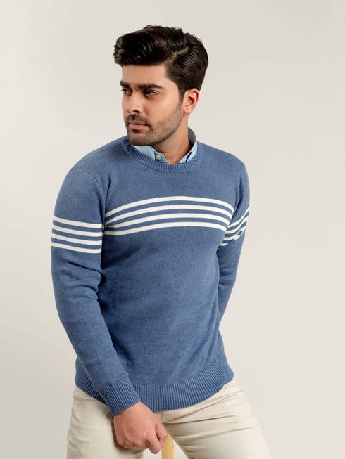 Blue & White Striped Crew Neck Jumper Brumano Pakistan