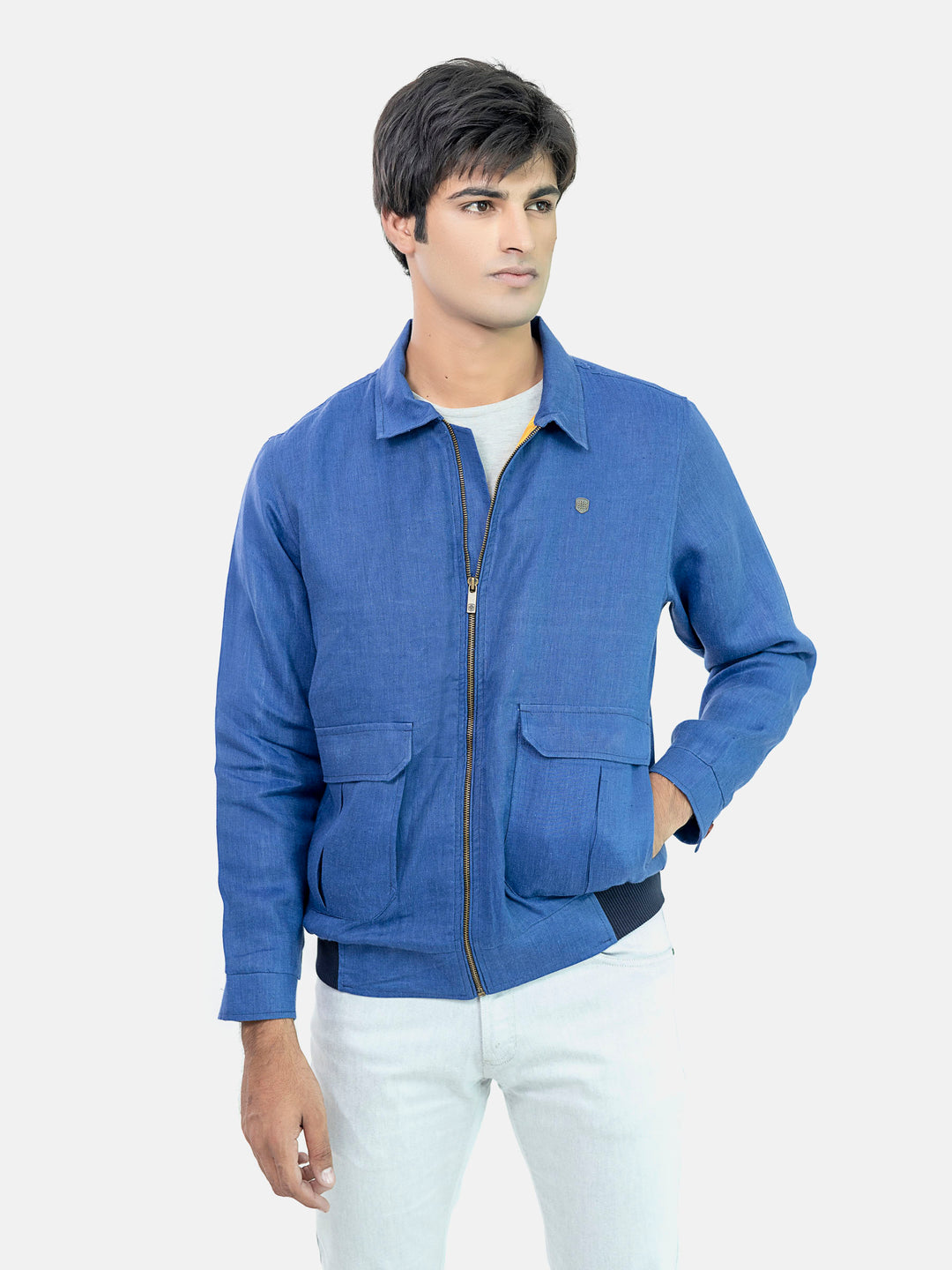 Blue 100% linen casual collar jacket brumano pakistan
