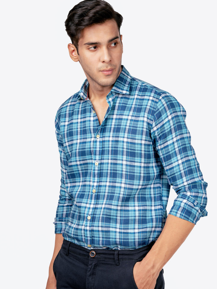 Blue 100% Linen Checkered Shirt Brumano Pakistan
