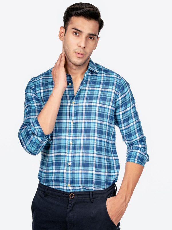 Blue 100% Linen Checkered Shirt Brumano Pakistan