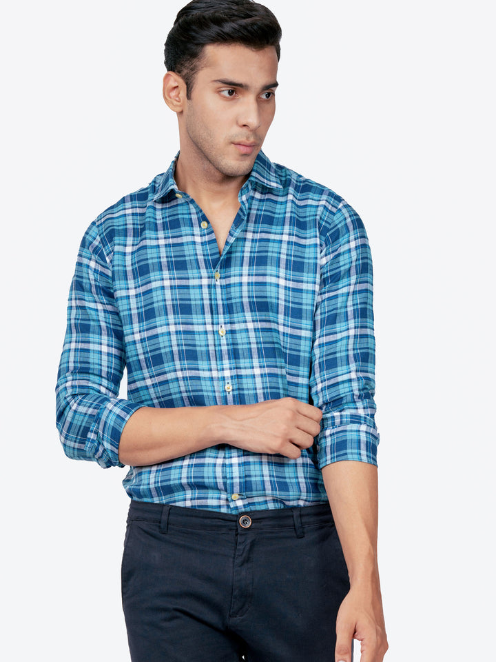 Blue 100% Linen Checkered Shirt Brumano Pakistan