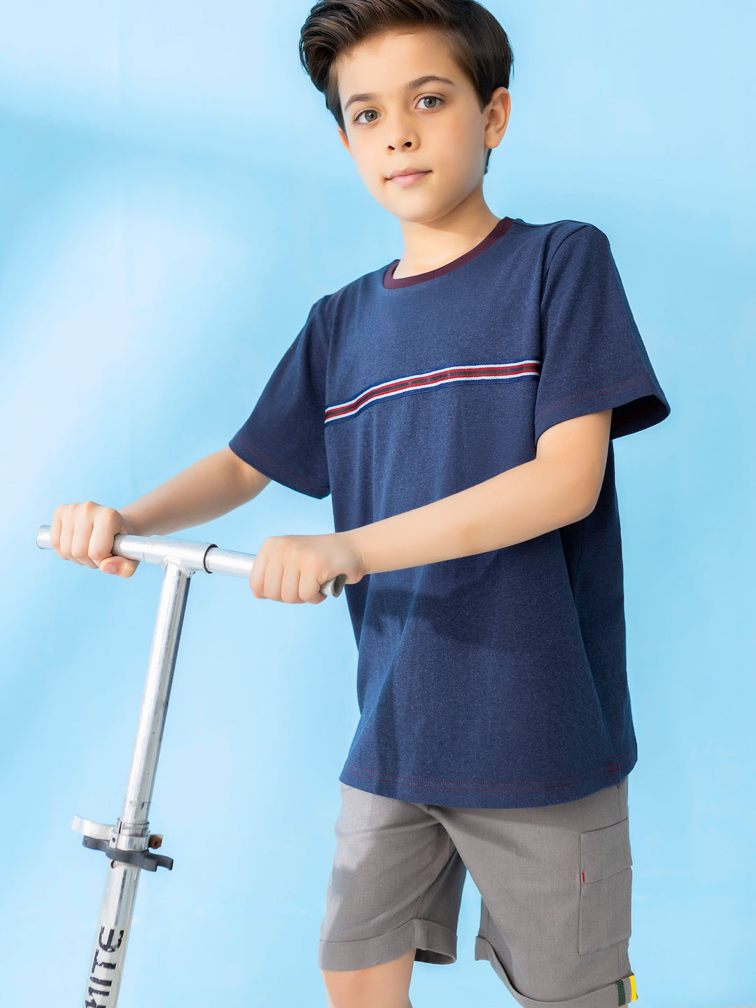 Blue Casual T-Shirt With Striped Detailing Brumaano Pakistan