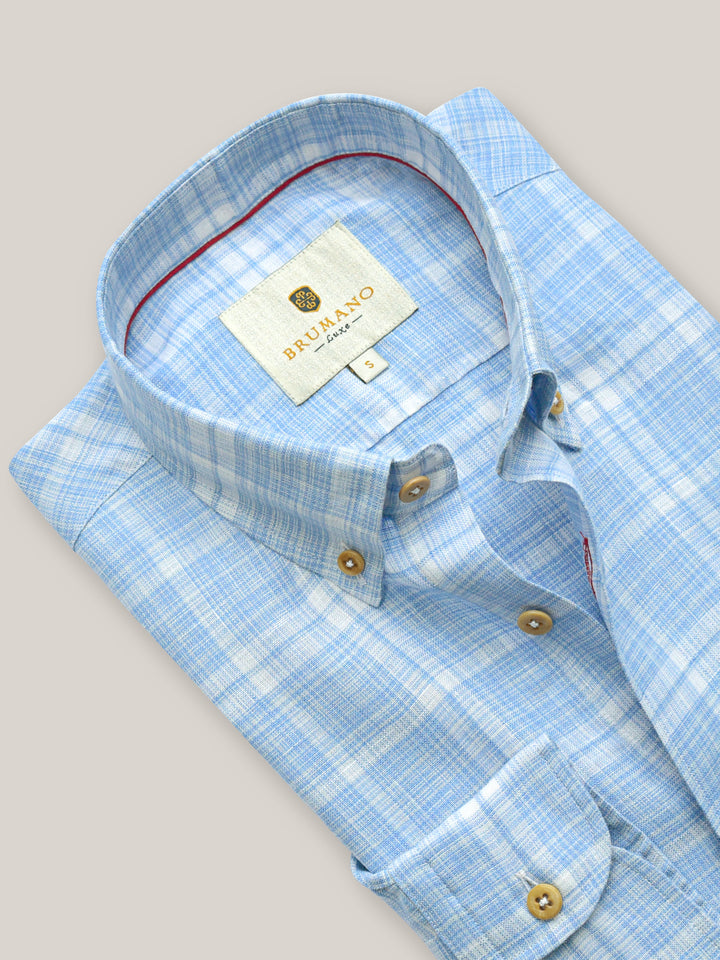 Blue Checkered 100% Linen Shirt Brumano Pakistan