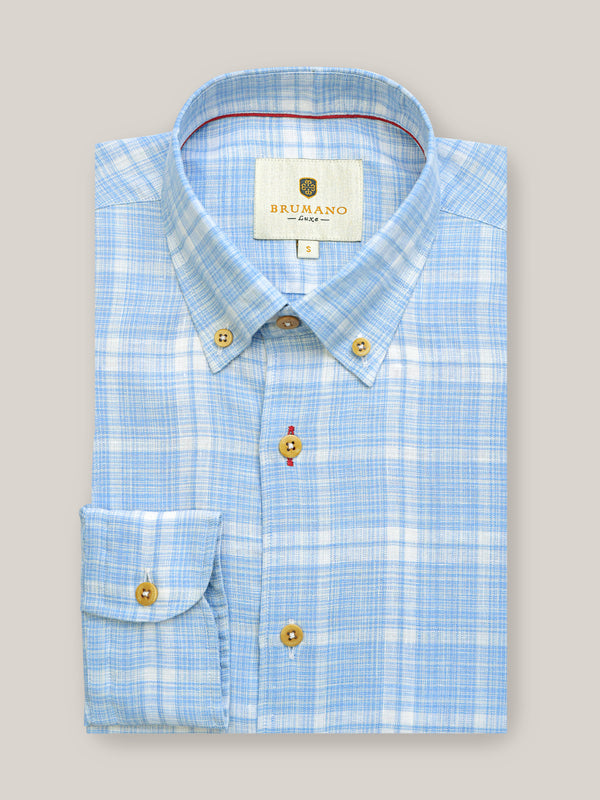 Blue Checkered 100% Linen Shirt Brumano Pakistan