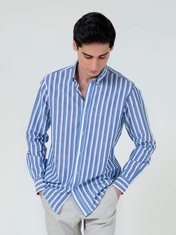 Blue Cotton Linen Striped Button Down Shirt Brumano Pakistan