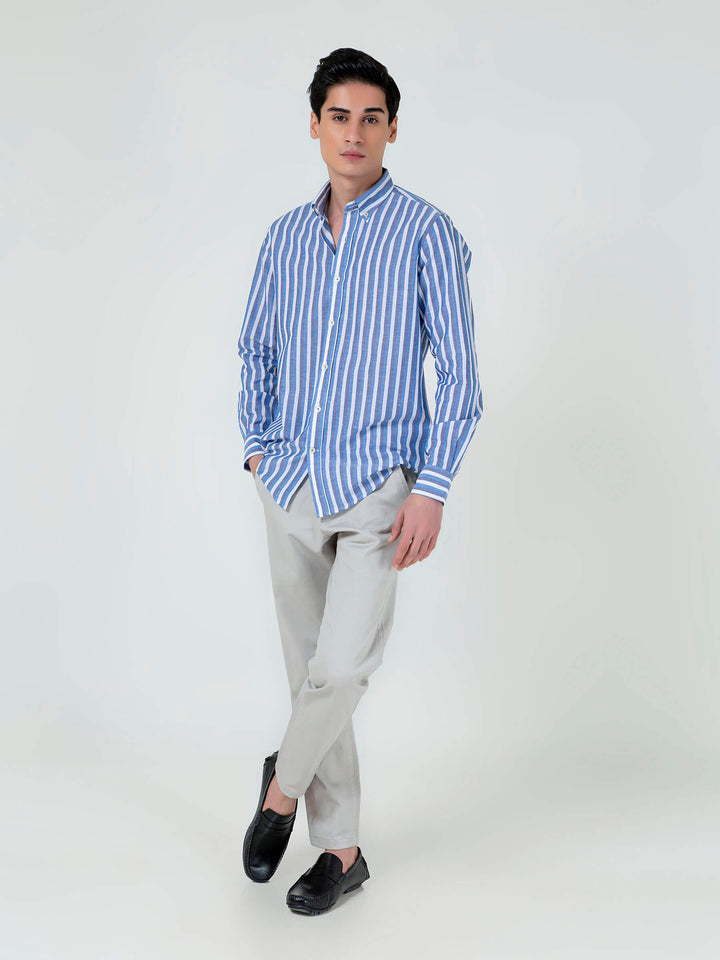 Blue Cotton Linen Striped Button Down Shirt Brumano Pakistan