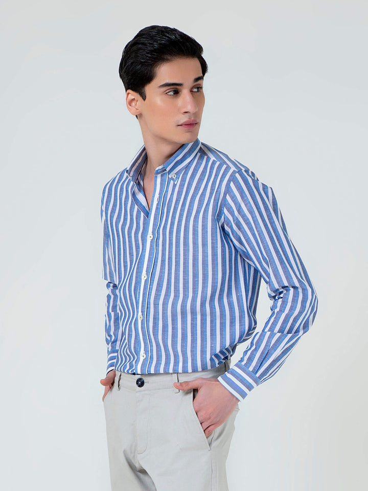 Blue Cotton Linen Striped Button Down Shirt Brumano Pakistan