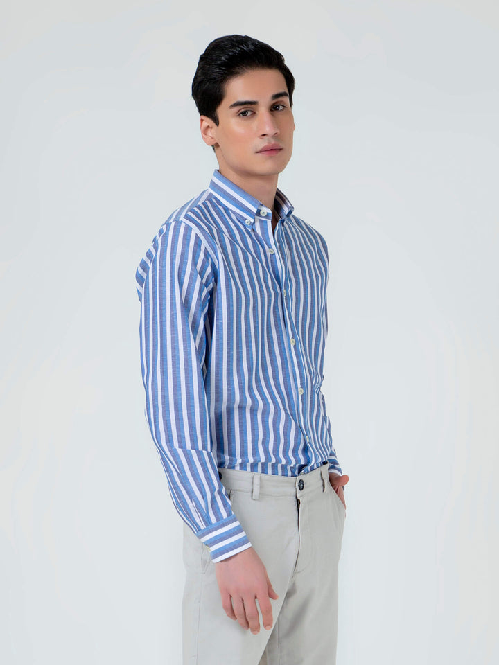 Blue Cotton Linen Striped Button Down Shirt Brumano Pakistan