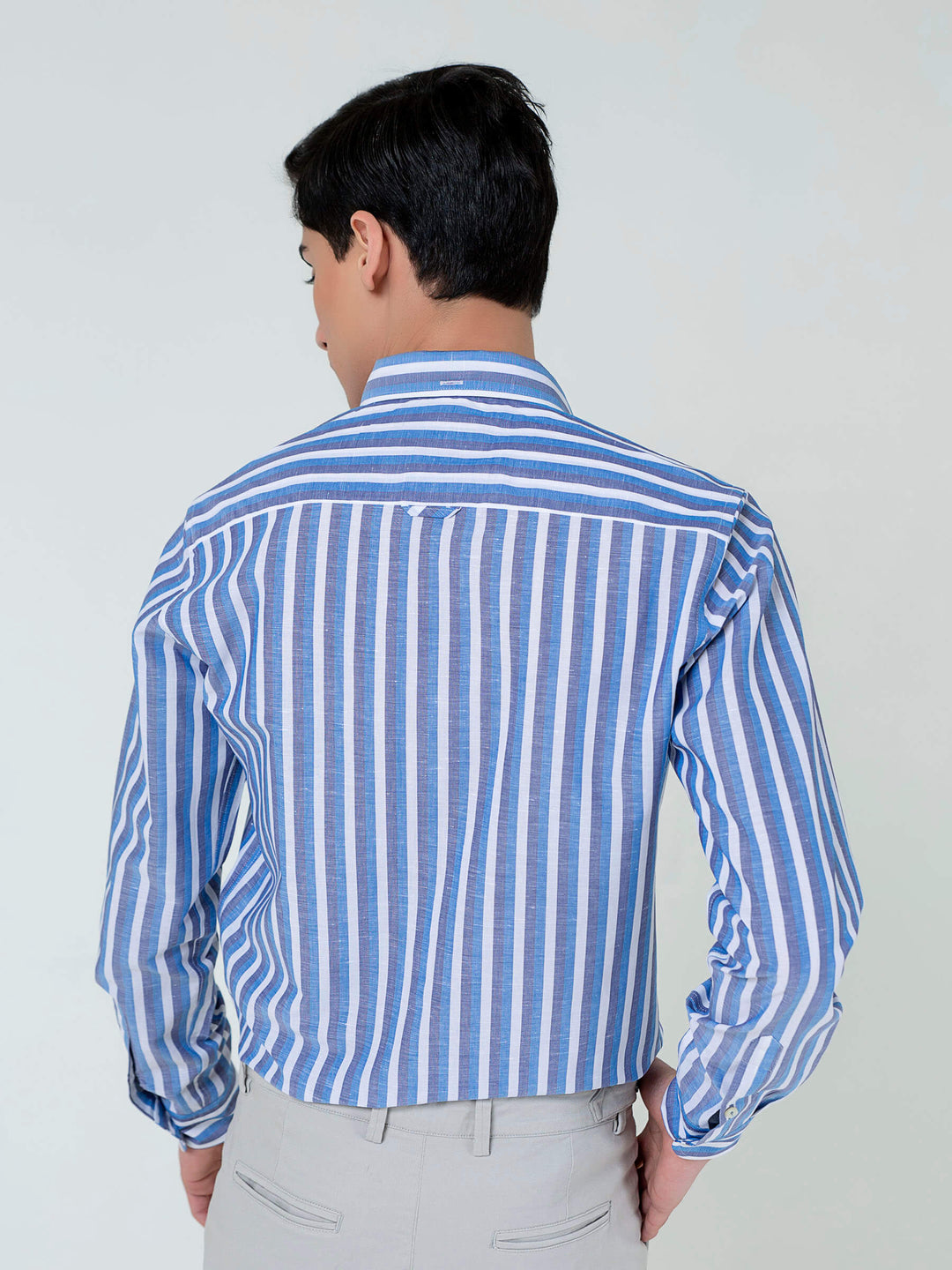 Blue Cotton Linen Striped Button Down Shirt Brumano Pakistan
