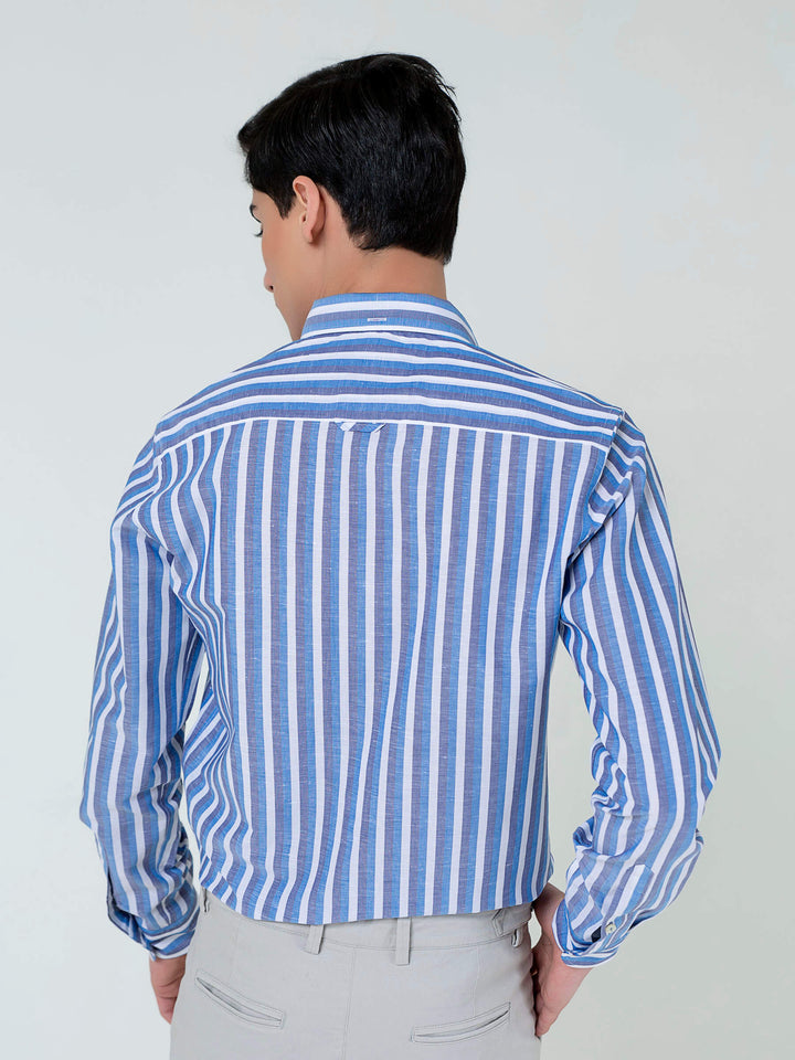 Blue Cotton Linen Striped Button Down Shirt Brumano Pakistan