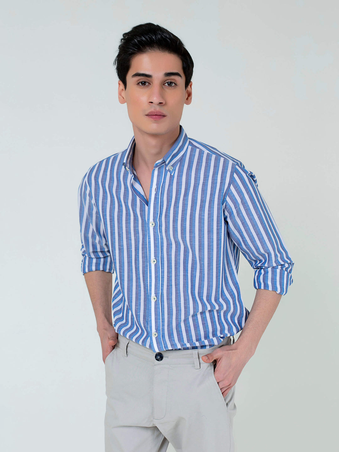 Blue Cotton Linen Striped Button Down Shirt Brumano Pakistan