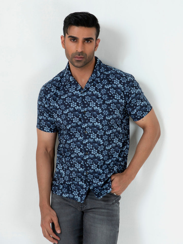 Blue Floral Printed Half Sleeve Cuban Collar Shirt Brumano Pakistan