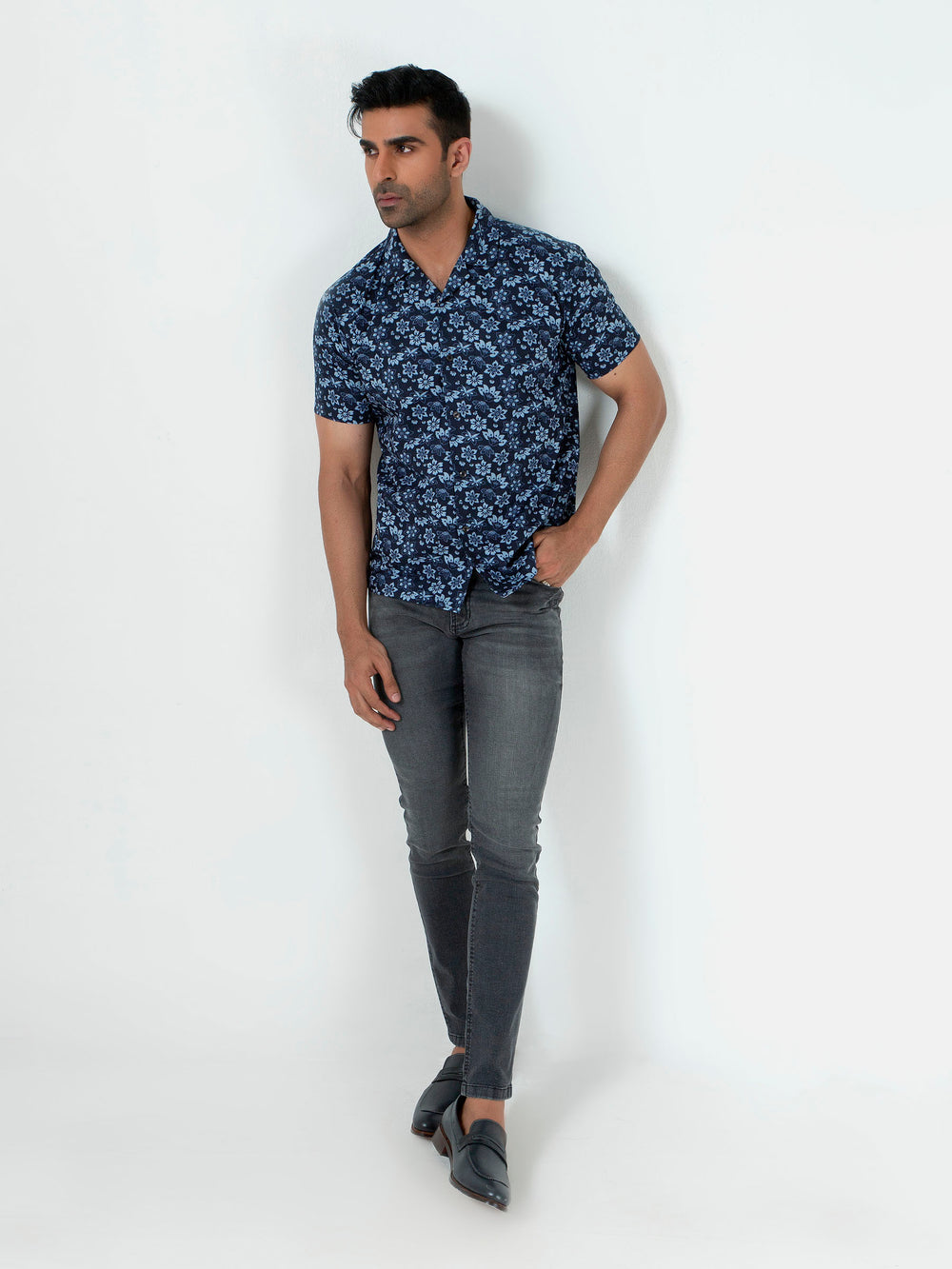 Blue Floral Printed Half Sleeve Cuban Collar Shirt