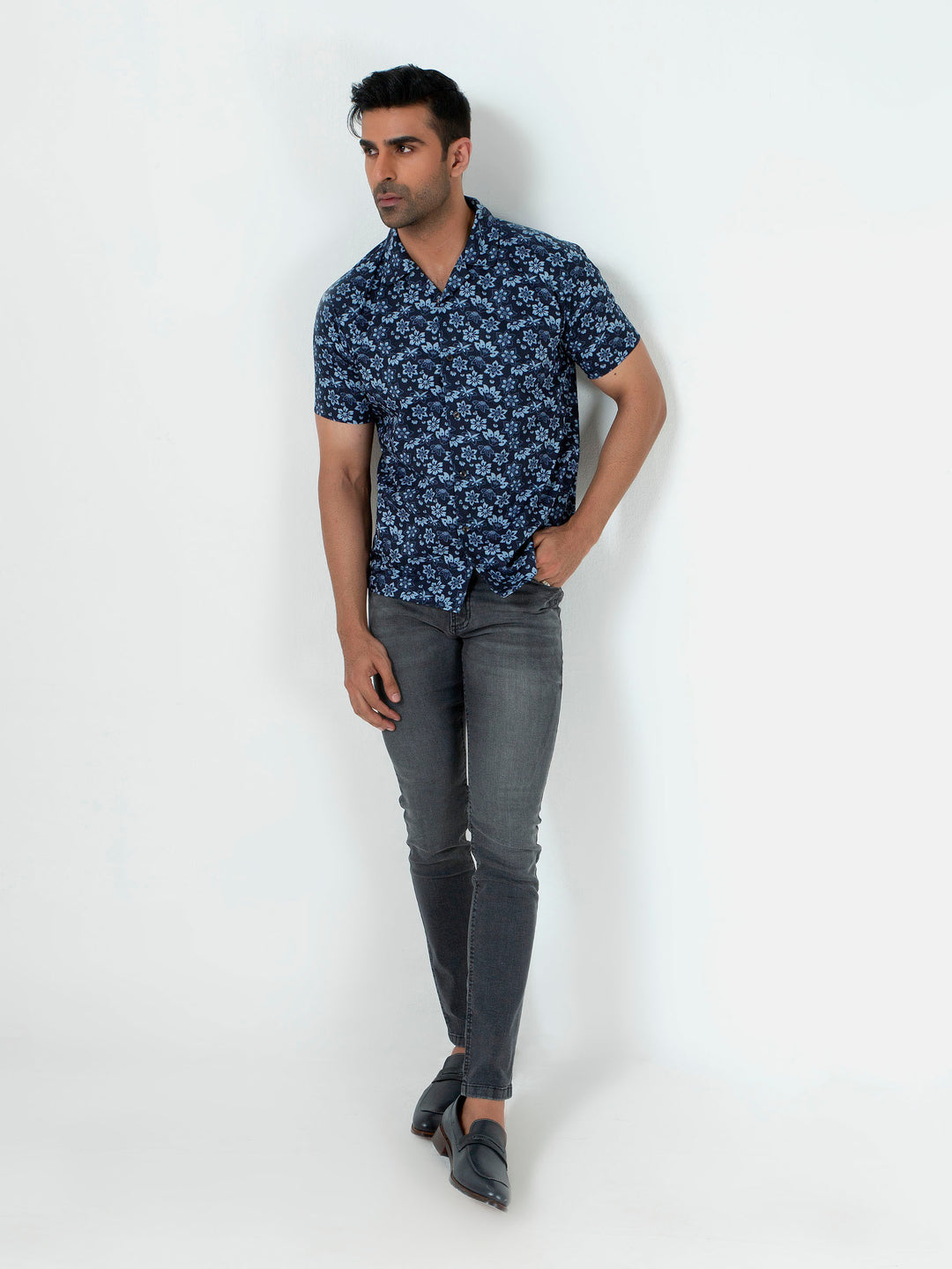 Blue Floral Printed Half Sleeve Cuban Collar Shirt Brumano Pakistan