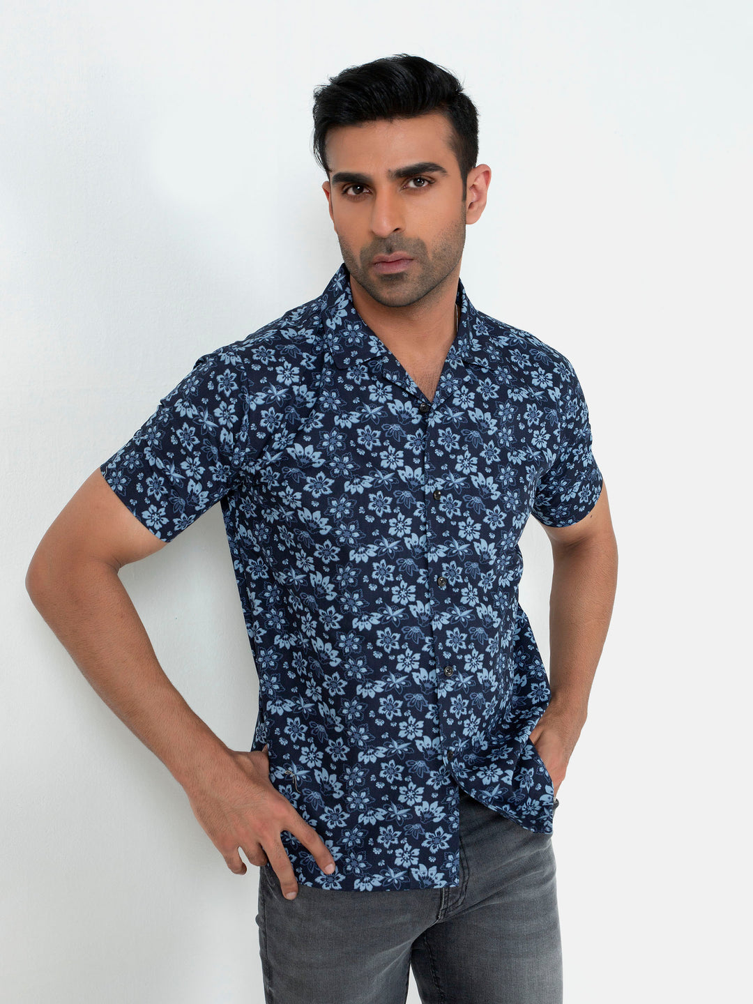 Blue Floral Printed Half Sleeve Cuban Collar Shirt Brumano Pakistan