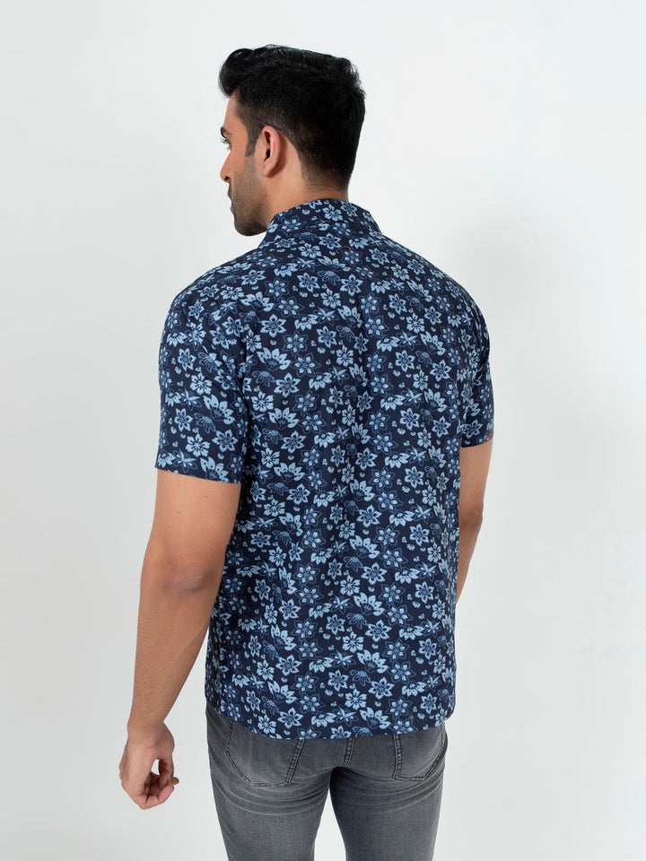 Blue Floral Printed Half Sleeve Cuban Collar Shirt Brumano Pakistan