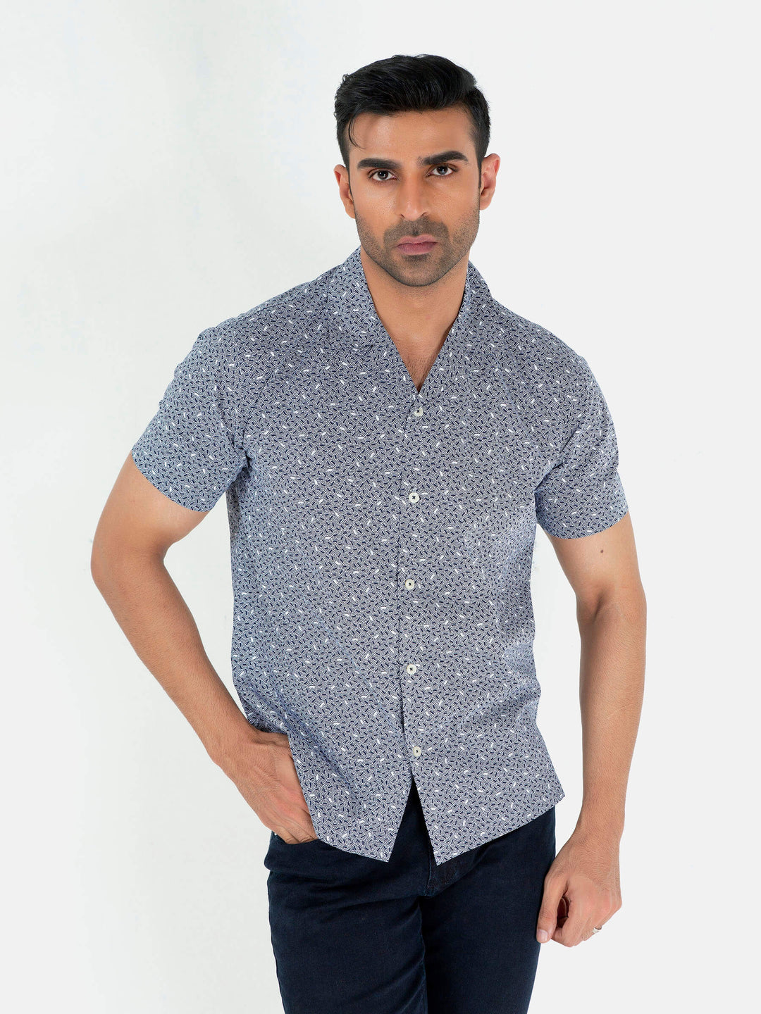 Blue Geo Printed Half Sleeve Cuban Collar Shirt