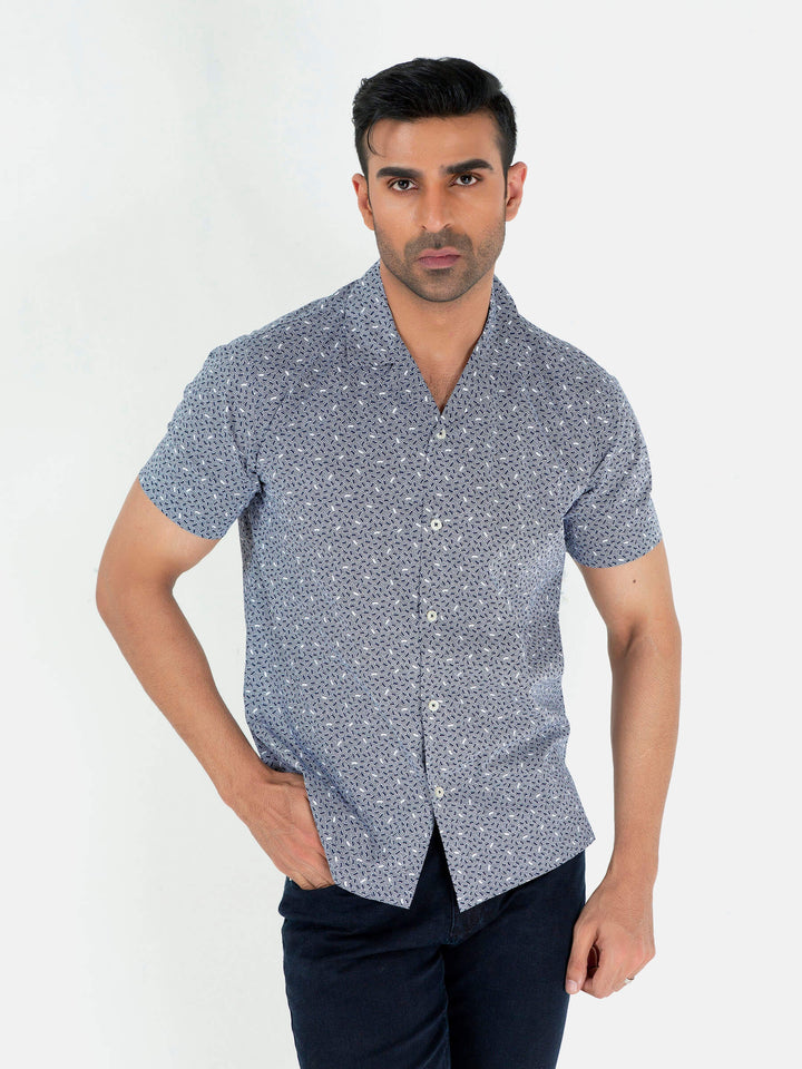 Blue Geo Printed Half Sleeve Cuban Collar Shirt