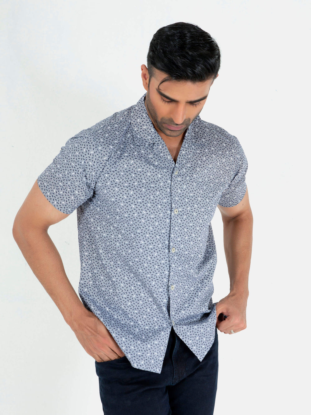 Blue Geo Printed Half Sleeve Cuban Collar Shirt