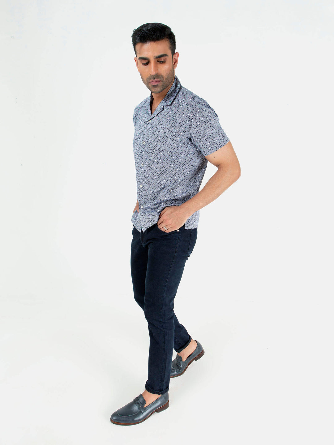 Blue Geo Printed Half Sleeve Cuban Collar Shirt