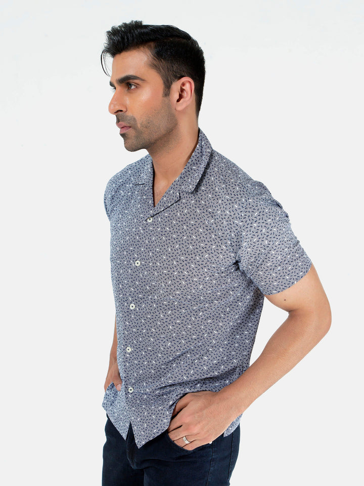 Blue Geo Printed Half Sleeve Cuban Collar Shirt