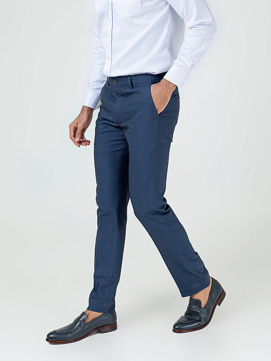 Blue Herringbone Structured Dress Pant