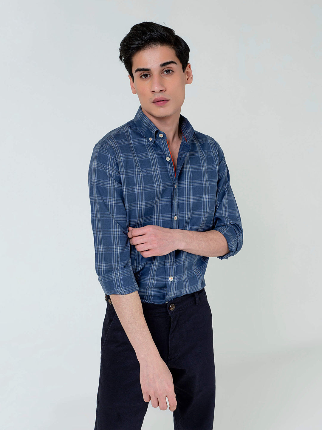 Blue Light Weight Checkered Button Down Shirt Brumano Pakistan