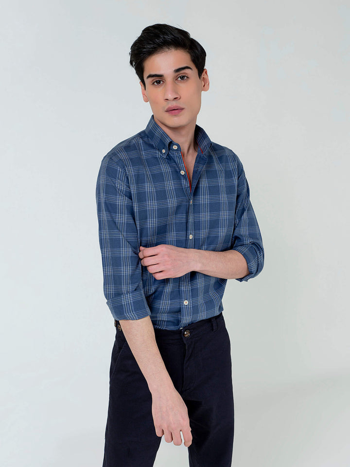 Blue Light Weight Checkered Button Down Shirt Brumano Pakistan