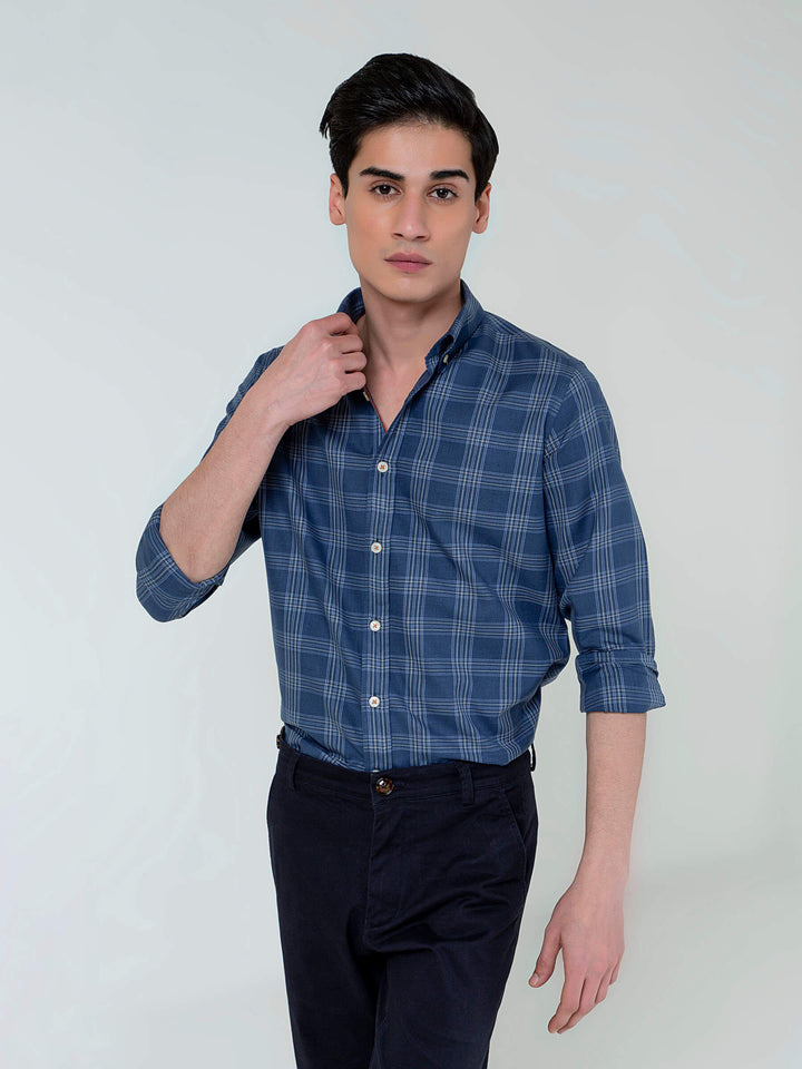Blue Light Weight Checkered Button Down Shirt Brumano Pakistan