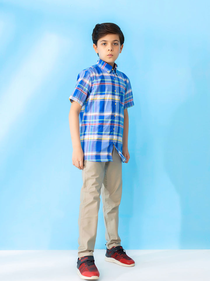 Blue Multi Color Short Sleeve Checkered Casual Shirt Brumano Pakistan