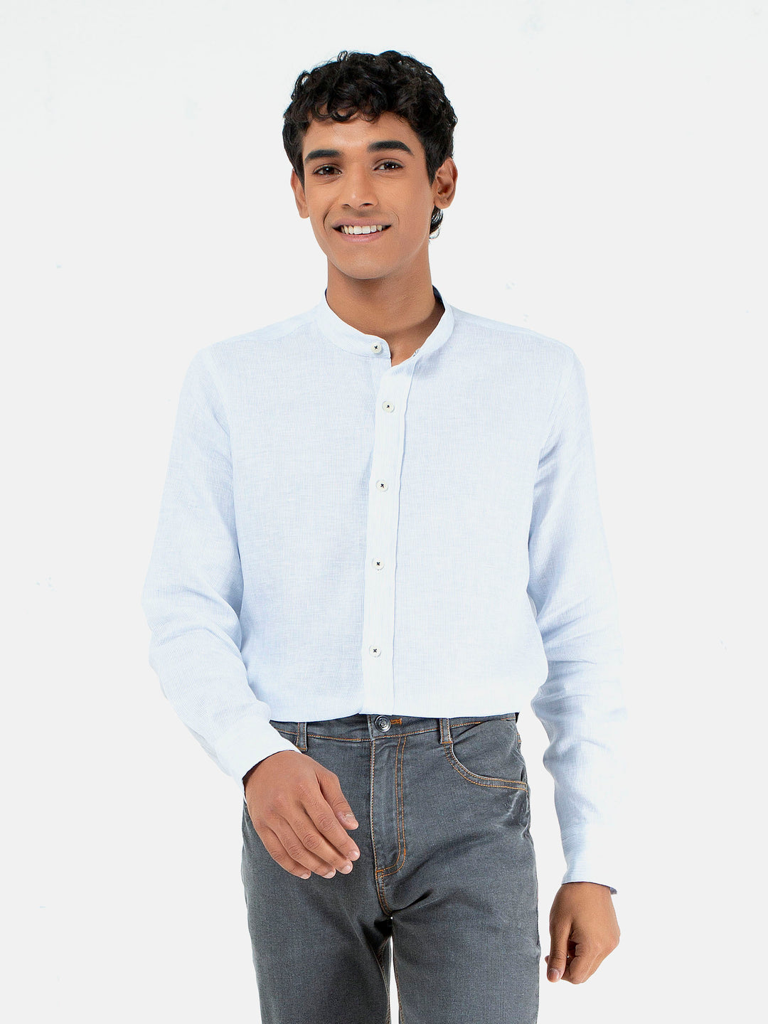 Blue pinstriped mao collar linen shirt brumano pakistan