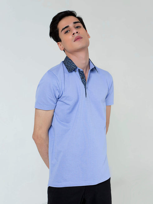 Blue Pique Polo With Floral Printed Collar Brumano Pakistan