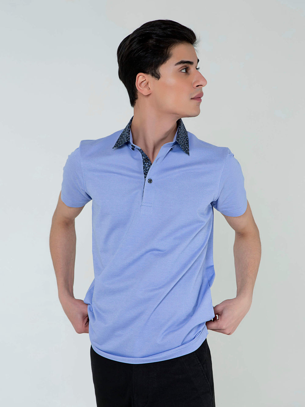 Blue Pique Polo With Floral Printed Collar