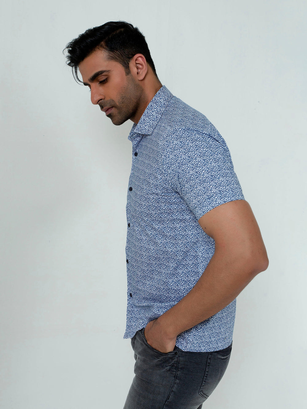 Blue Printed Half Sleeve Shirt With Shallow Collar