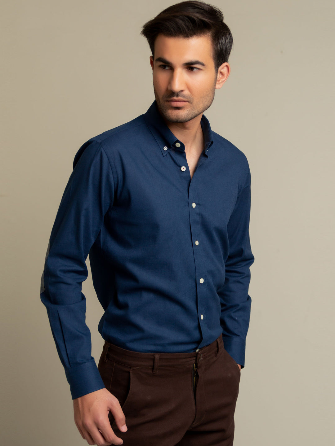 Blue Slub Shirt With Elbow Patch