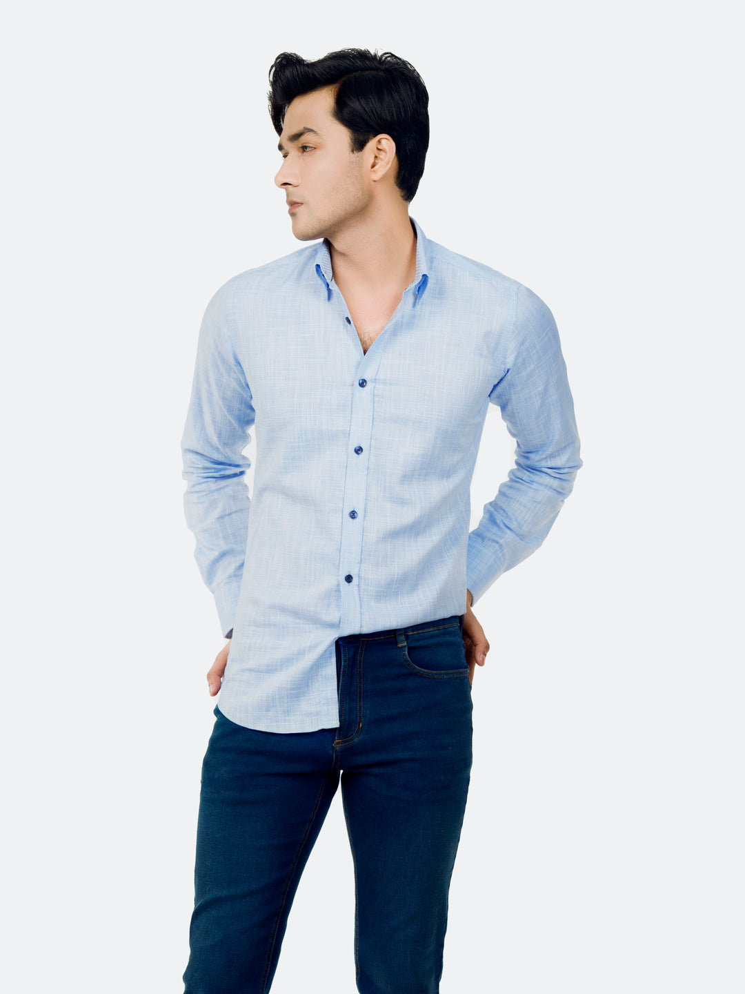 Blue Slub Structured Shirt With Beige Elbow Patch Brumano Pakistan