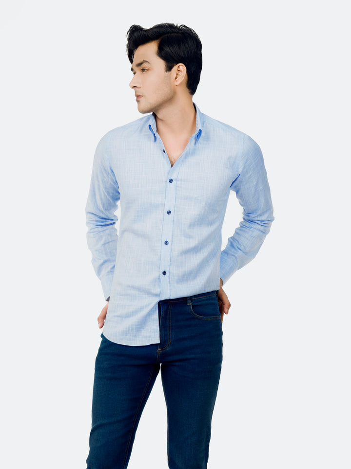 Blue Slub Structured Shirt With Beige Elbow Patch Brumano Pakistan